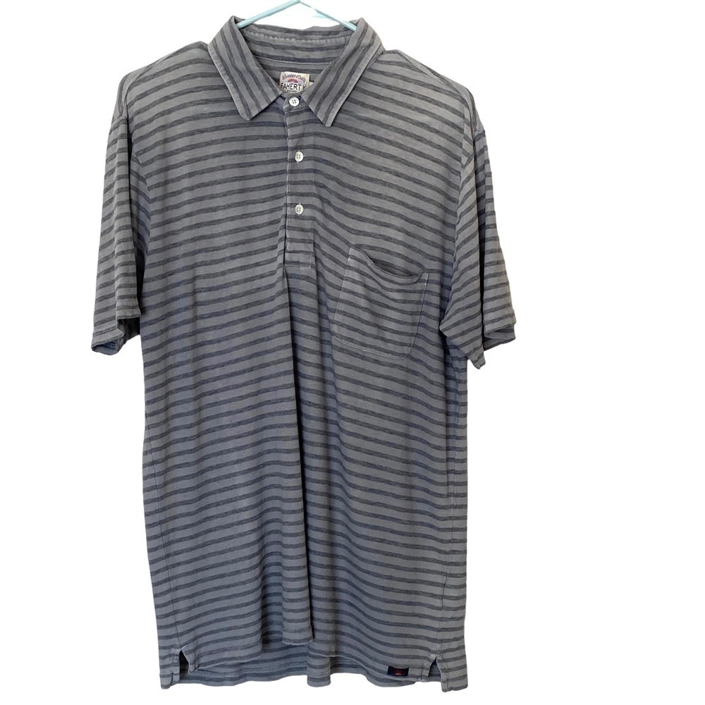 Faherty Striped Cotton Polo Shirt in Gray, Size Large